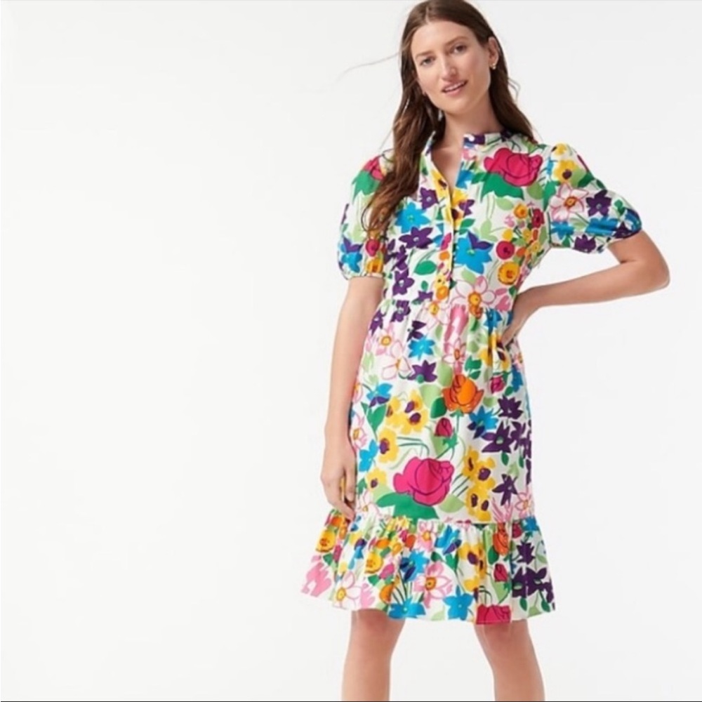 J CREW Puff Sleeved Midi Dress Vibrant Jardin Garden Floral White Multi Size 4